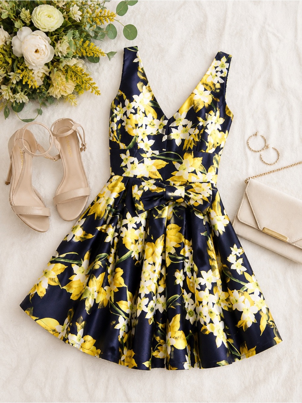 Luxxel Navy Yellow White Floral Fit & Flare Bow Back Dress Medium